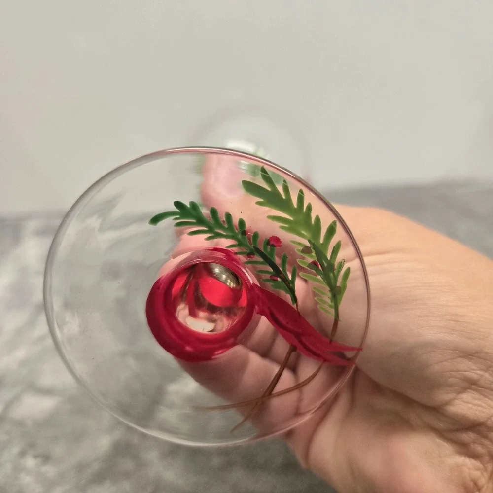 Hand Painted Christmas Wine Glass Bird with Pink Bow Holiday Stemware Festive